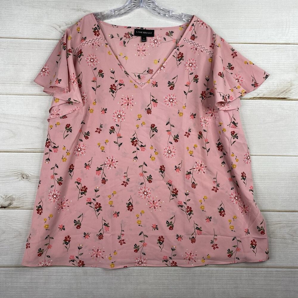 Lane Bryant Top Womens 24 Pink Floral Short Bell Sleeve Lightweight Boho Fairy